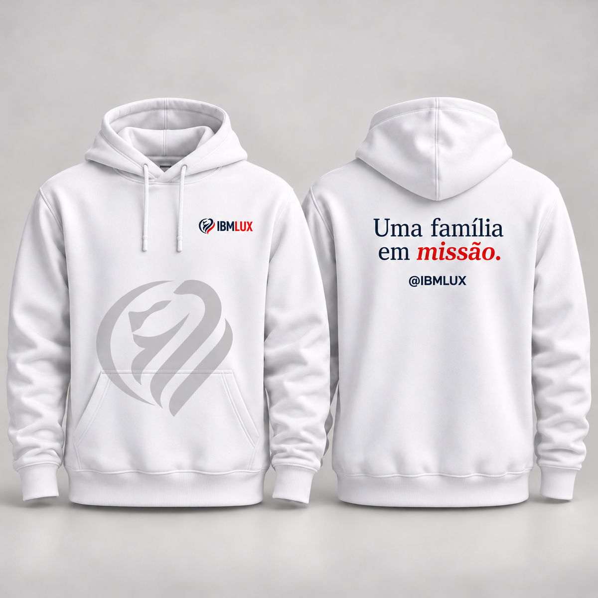 Moletom IBM Lux branco com capuz e cordão sem metal — frente e costas