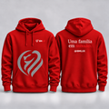 Moletom IBM Lux vermelho com capuz — leão cinza, letras brancas e missão em vermelho