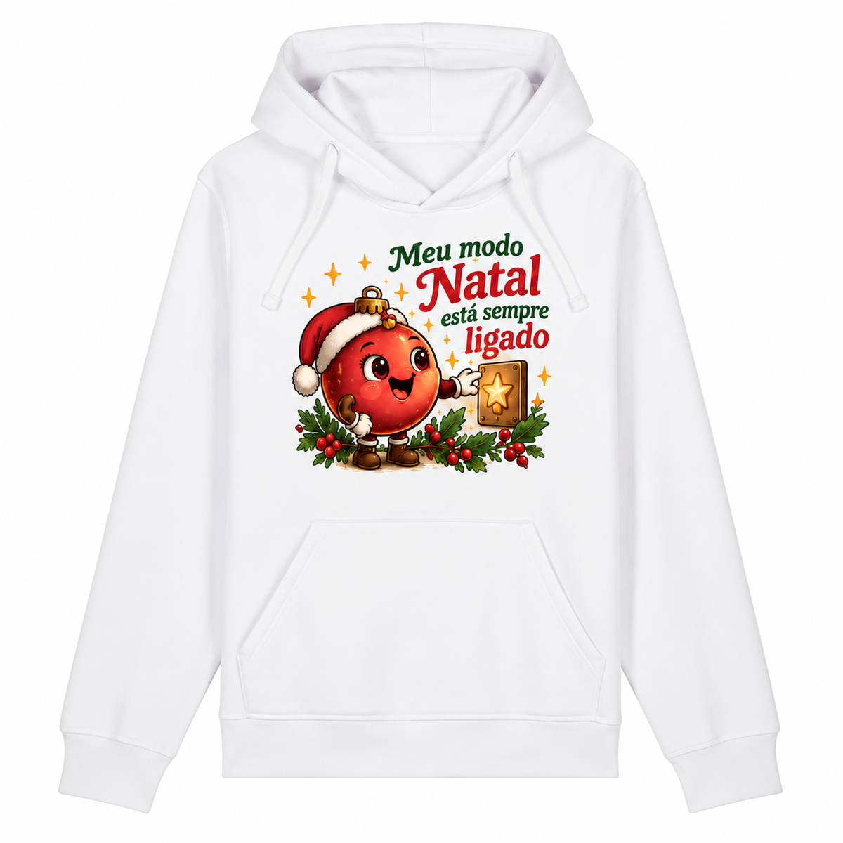 Meu modo Natal está sempre ligado — moletom com capuz e cordões de tecido, sem metal