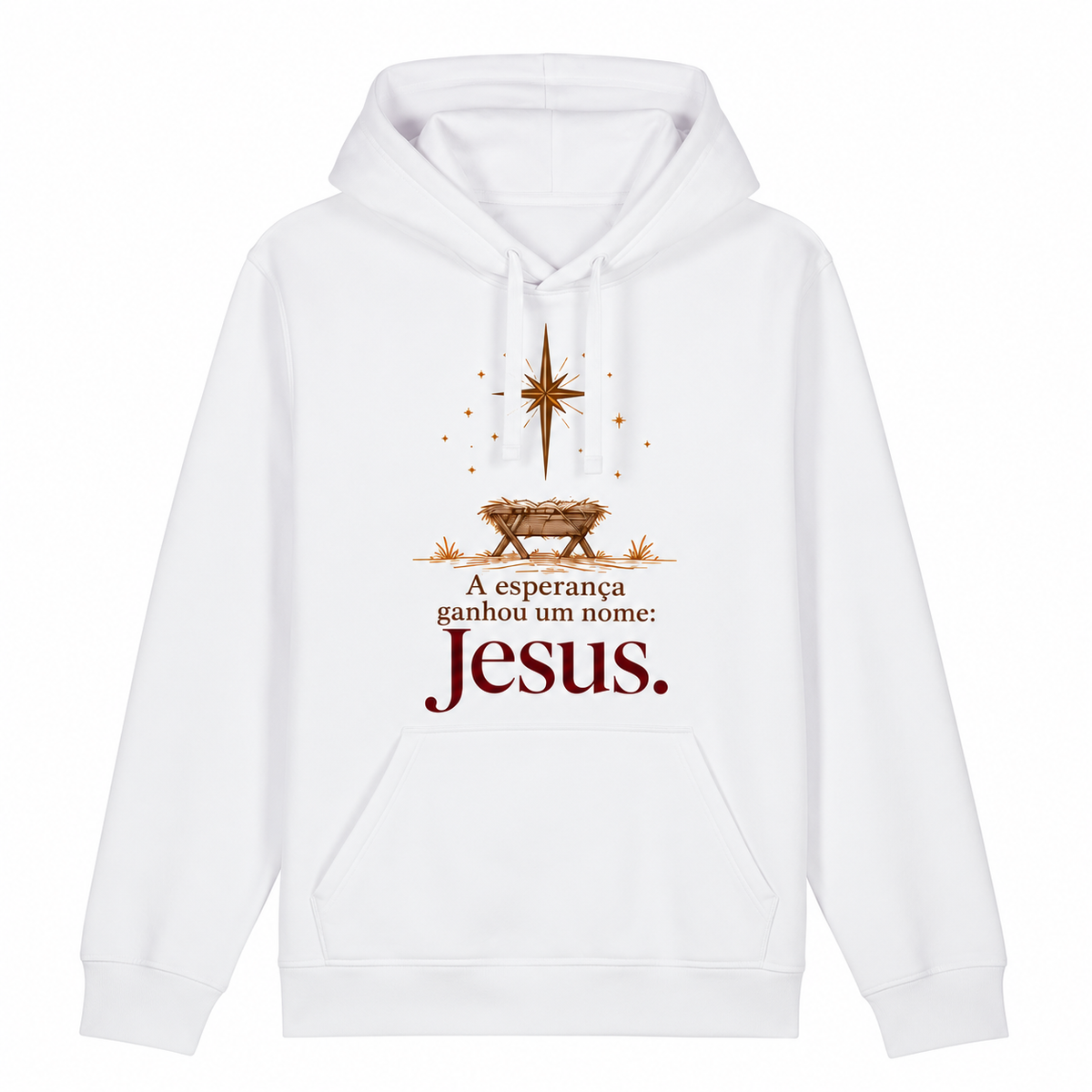 A esperança ganhou um nome: Jesus — moletom com capuz e cordões de tecido, sem metal