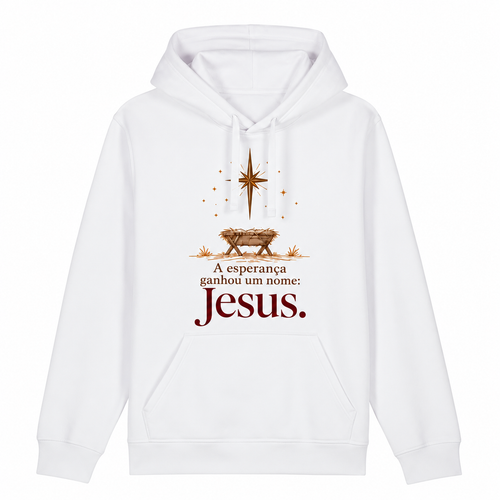 A esperança ganhou um nome: Jesus — moletom com capuz e cordões de tecido, sem metal