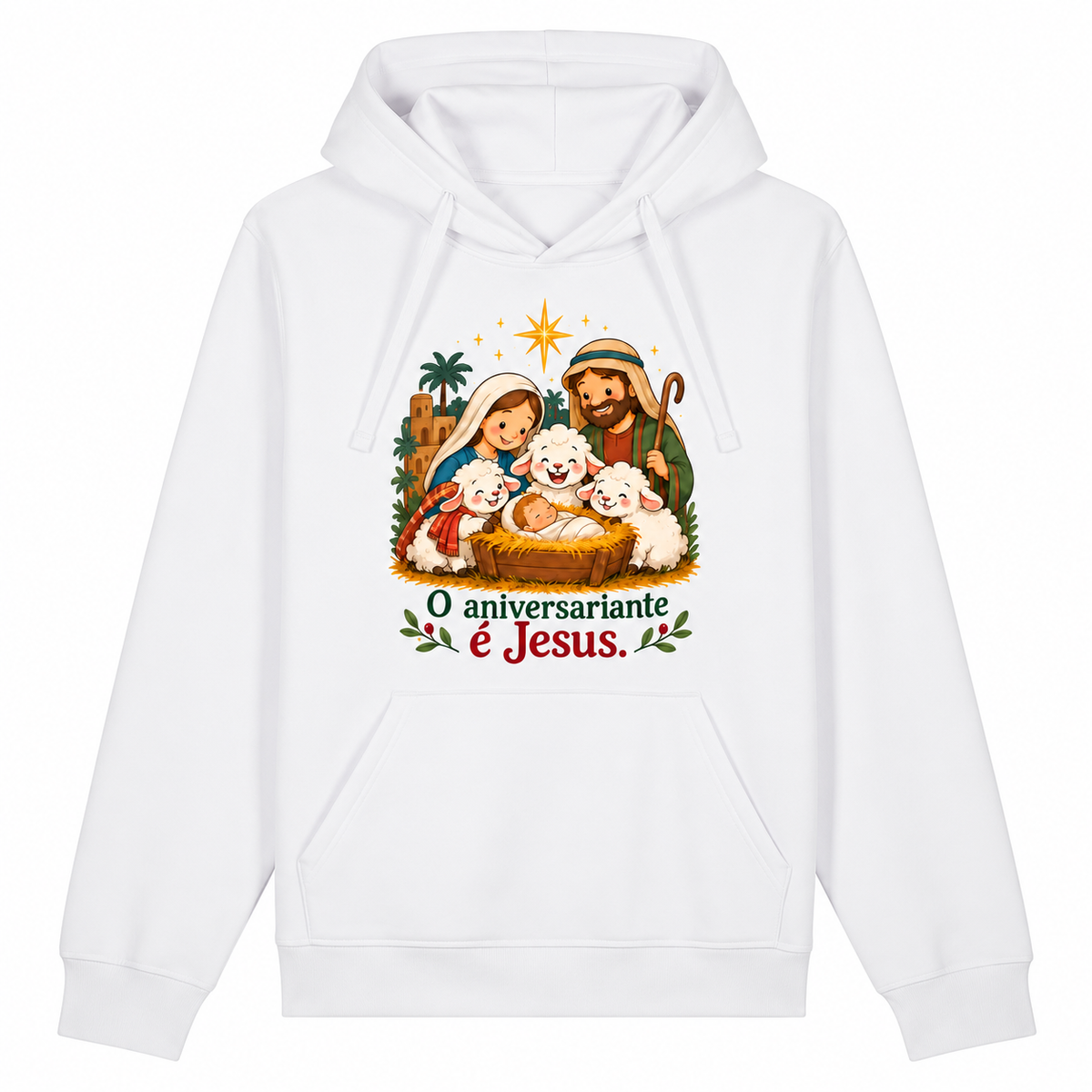 O aniversariante é Jesus — moletom com capuz e cordões de tecido, sem metal