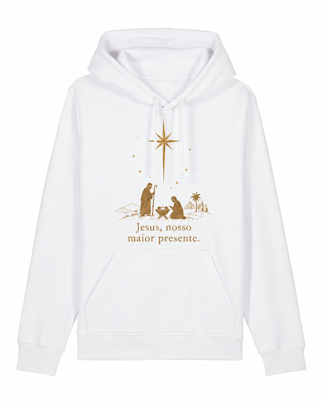 Jesus, nosso maior presente — moletom com capuz e cordões de tecido, sem metal