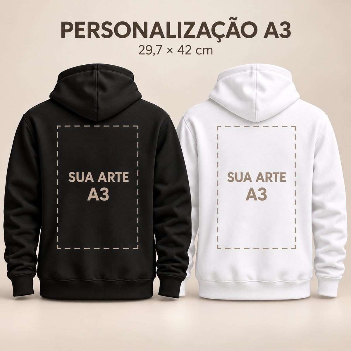 Moletom personalizado com capuz A3, preto e branco, área ilustrativa de impressão