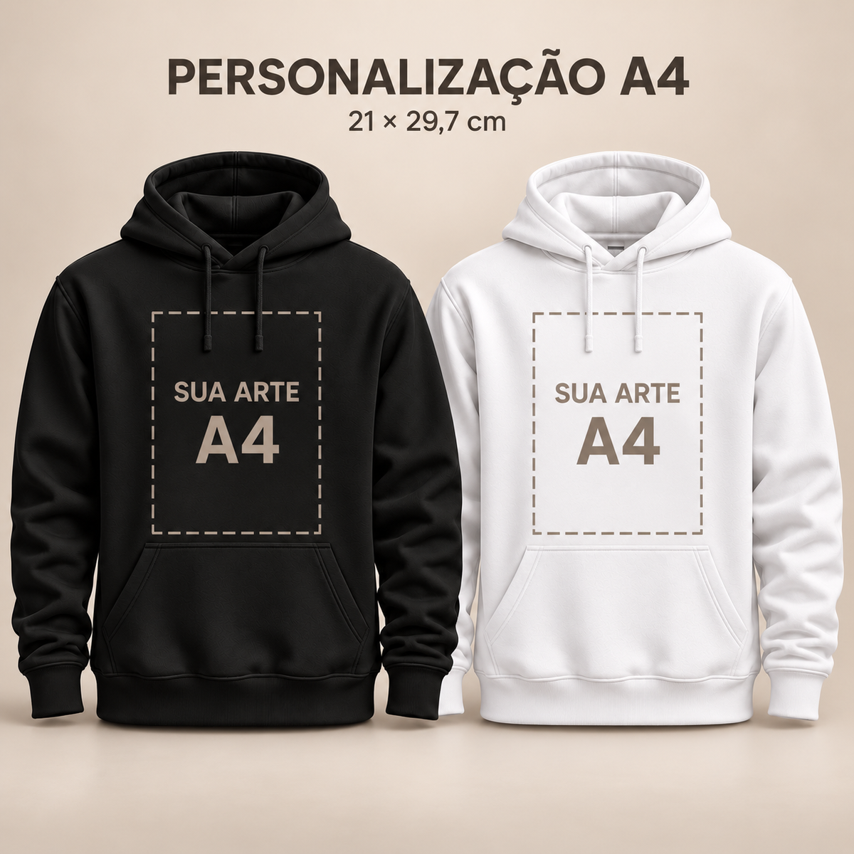 Moletom personalizado com capuz A4, preto e branco, área ilustrativa de impressão