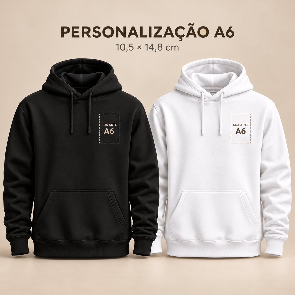 Moletom personalizado com capuz A6, preto e branco, área ilustrativa de impressão