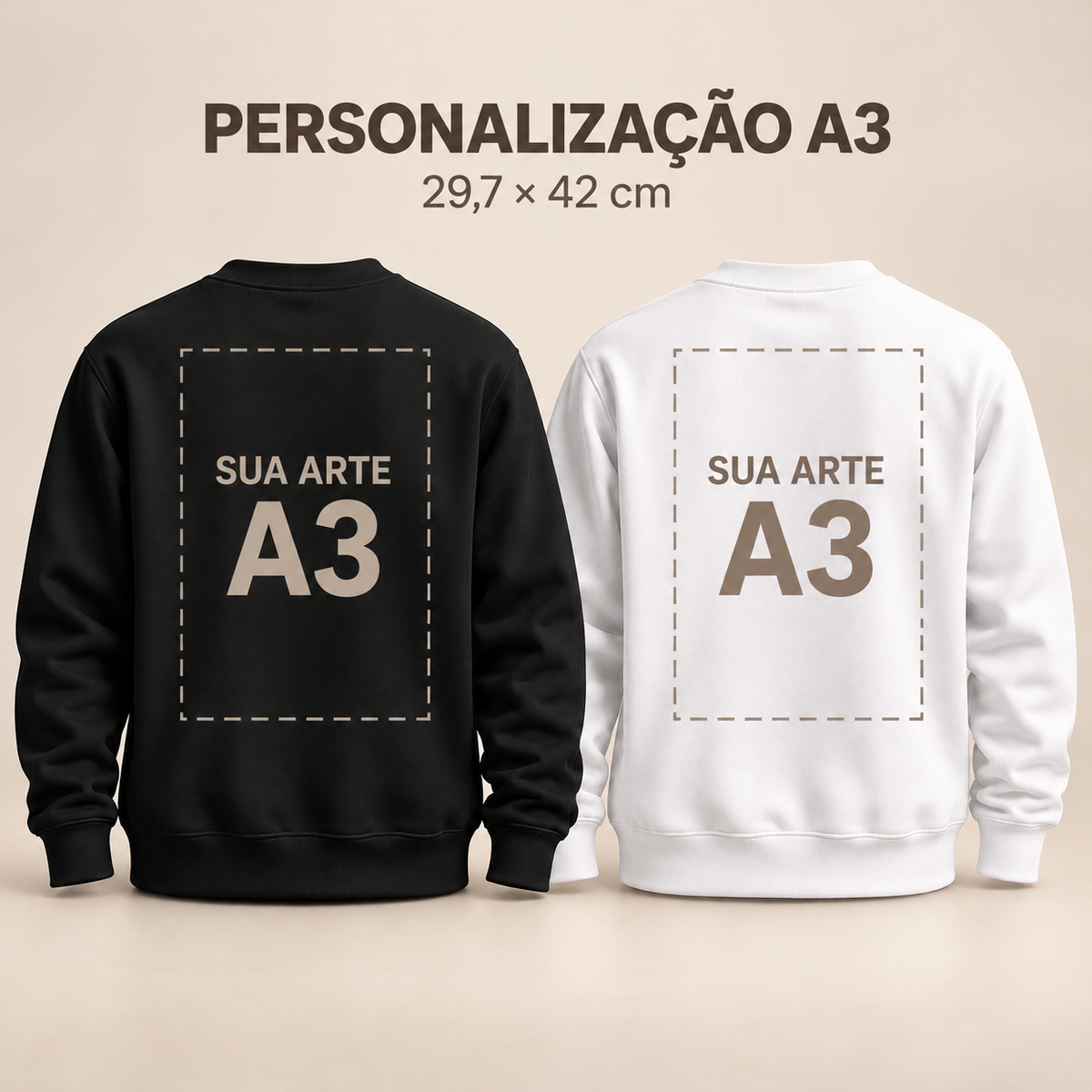 Moletom personalizado sem capuz A3, preto e branco, área ilustrativa de impressão