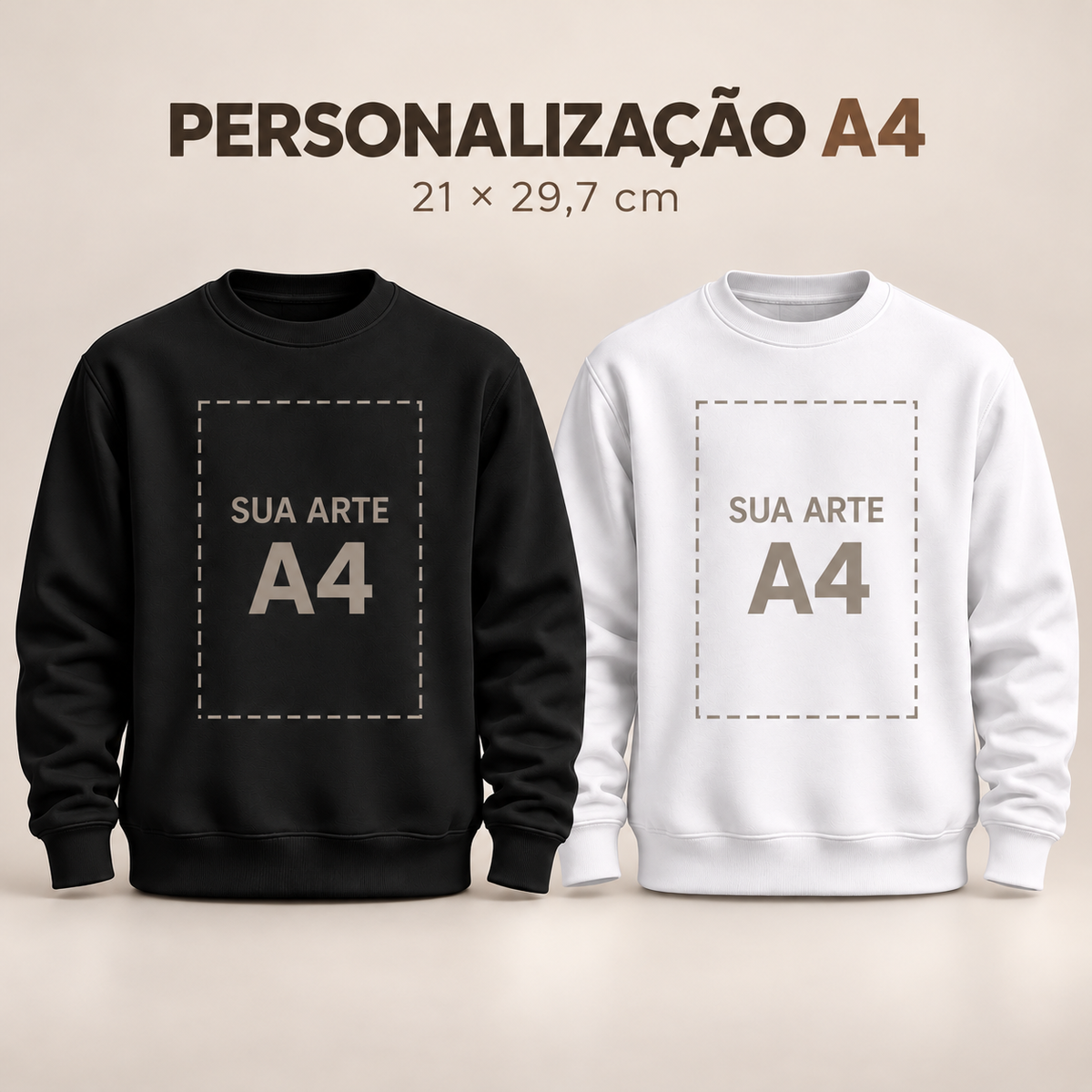 Moletom personalizado sem capuz A4, preto e branco, área ilustrativa de impressão