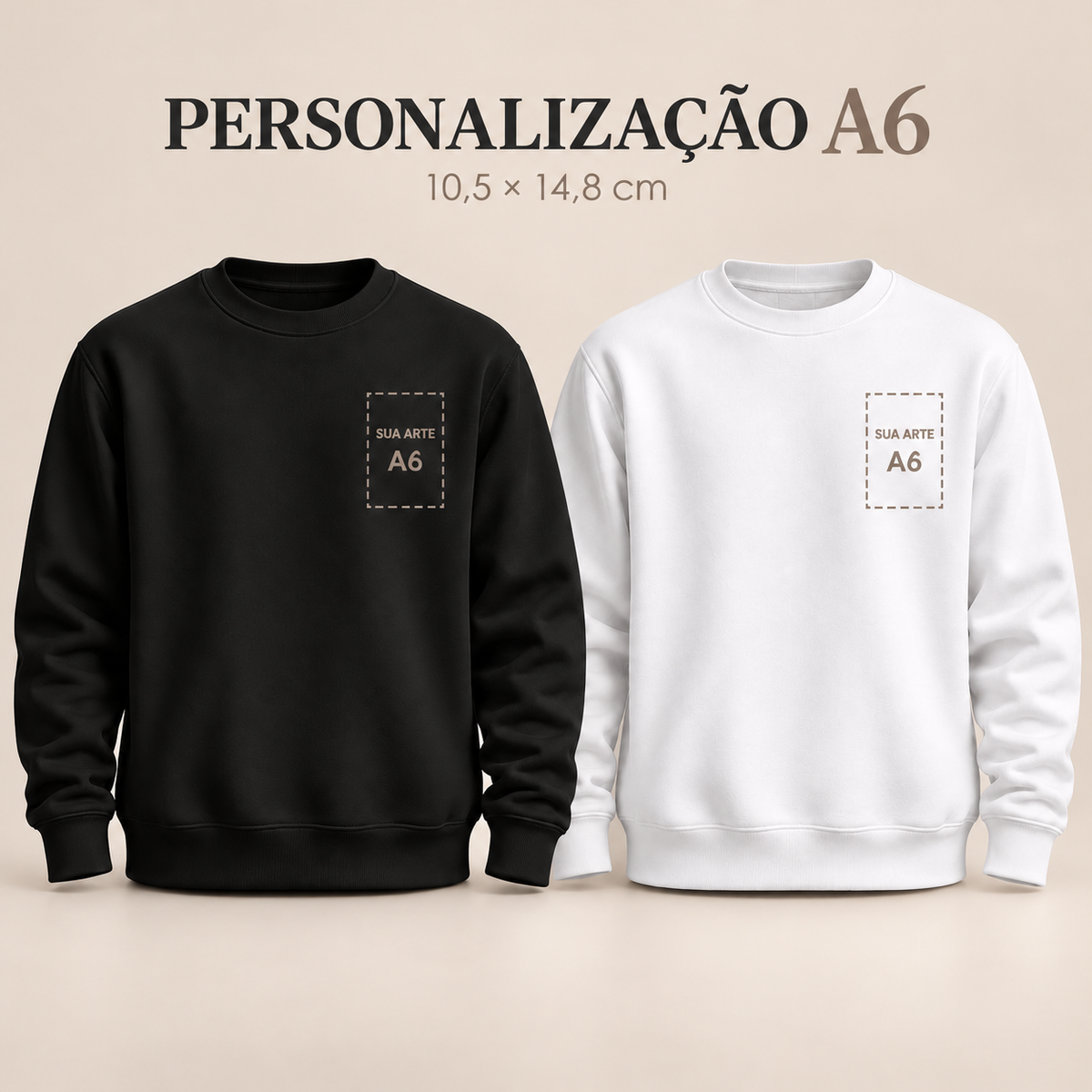 Moletom personalizado sem capuz A6, preto e branco, área ilustrativa de impressão