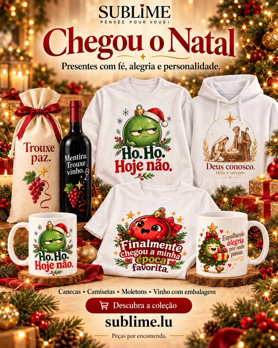 Chegou o Natal — canecas, camisetas, moletons e vinho com embalagem