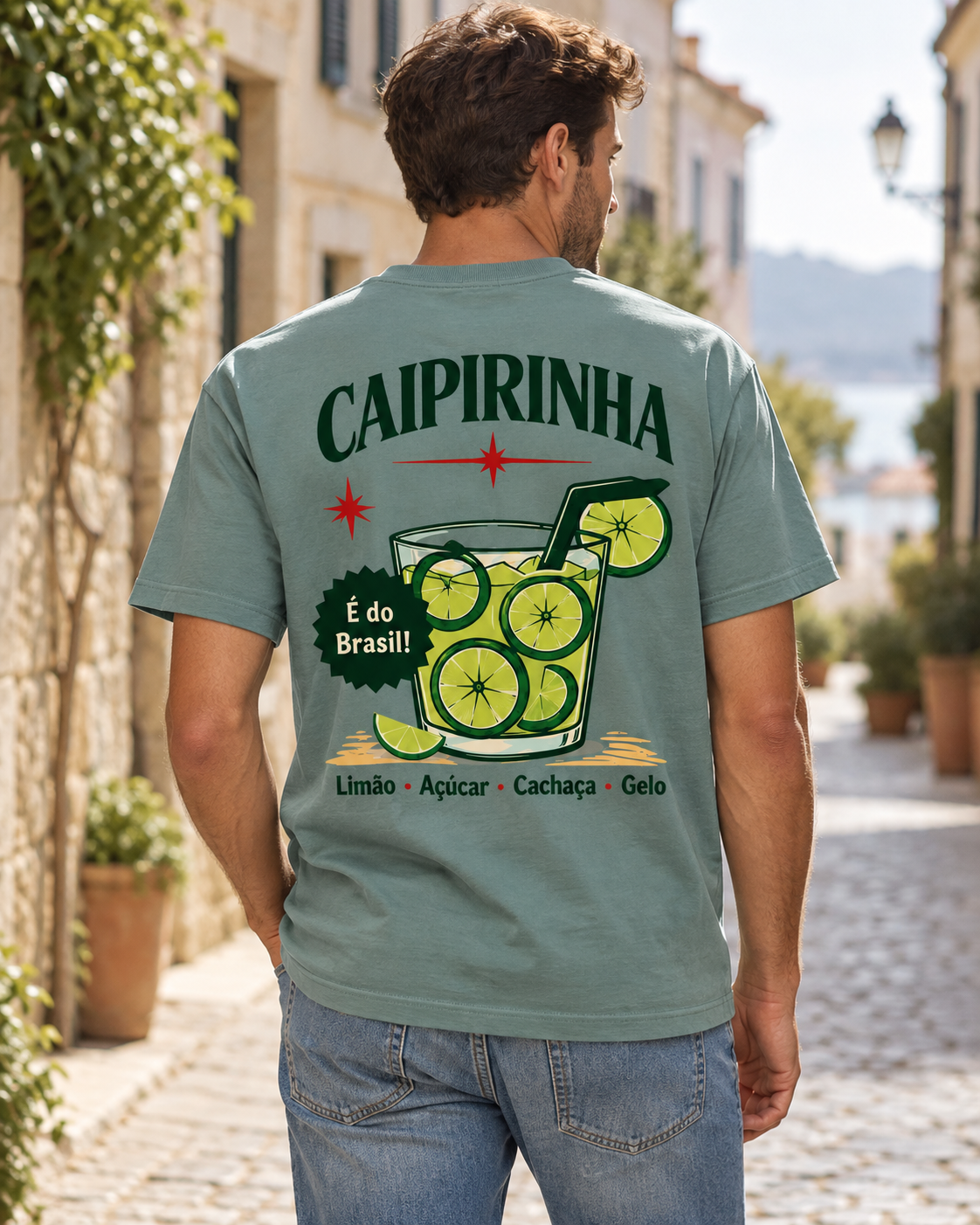 T-shirt Caipirinha — mockup com modelo — costas
